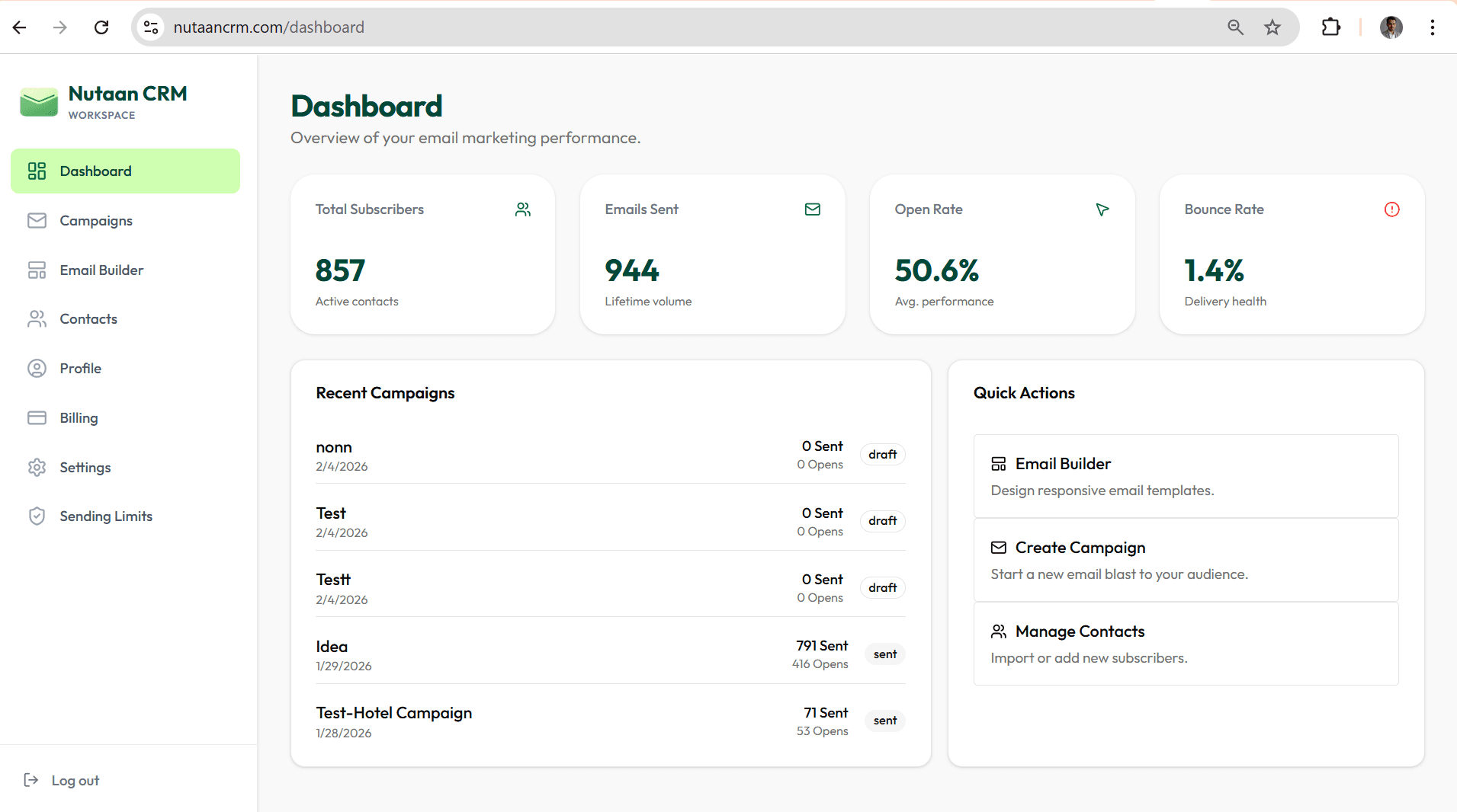 Nutaan CRM Dashboard - Email Campaign Management